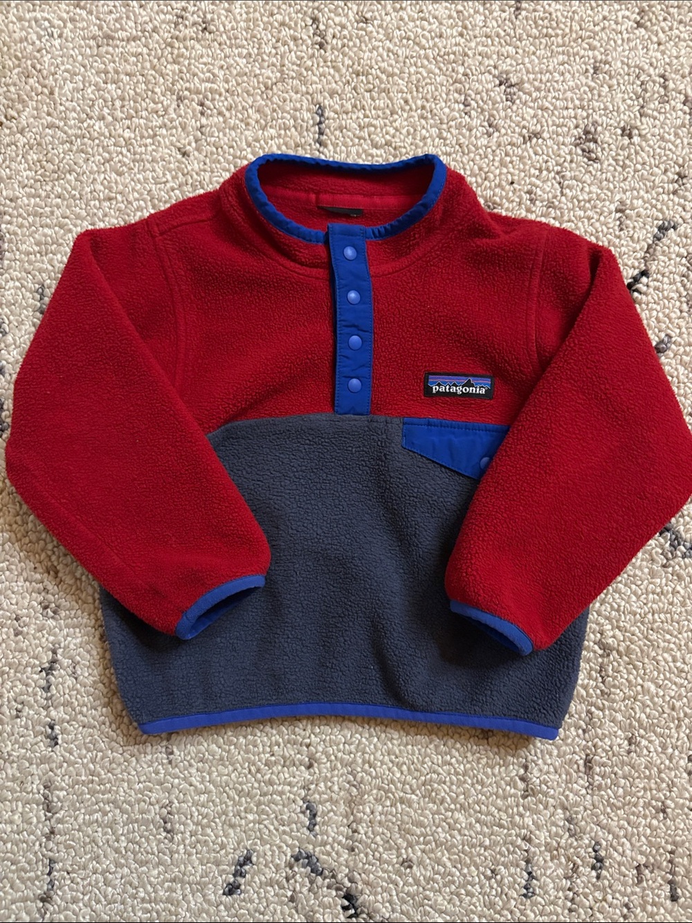 Patagonia Kids Snap-T Fleece Pullover - Red, Gray & Blue Trim 2T EUC